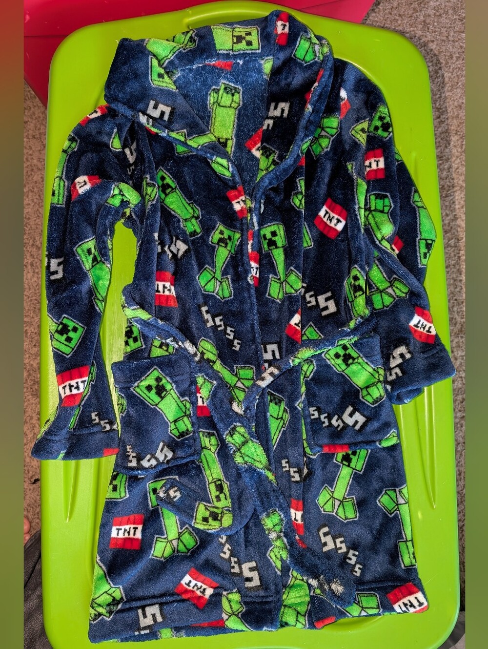 Minecraft Boy's Creeper and TNT Blocks Navy Blue Plush Fleece Bathrobe Size S